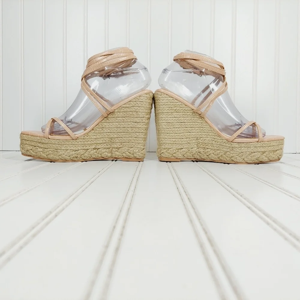NEW Simmi Fabiana Nude Faux Croc Print Strappy Buckle Wedge Summer Sandals I547